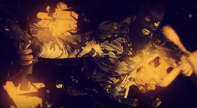 Gritty masked fighter GFX art with fiery camo tones