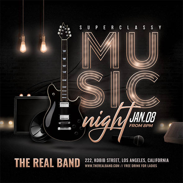 Sleek music night flyer with neon guitar glow