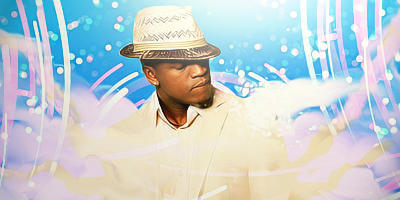 Stylish fedora portrait with dreamy blue swirl effects