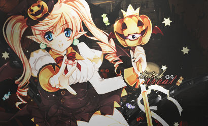 Halloween anime GFX with pumpkin mascot, trick or treat