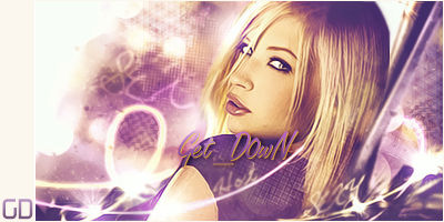 Glowing purple signature art of blonde woman, 'Get Down'