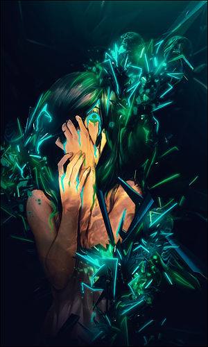 Glowing shards shatter around a hidden face in digital art