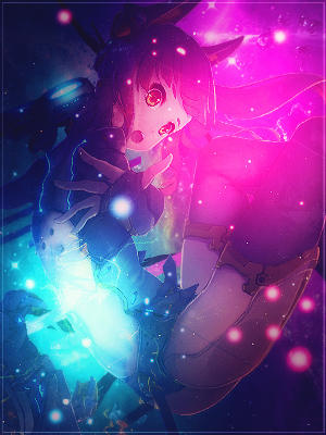 Anime girl glowing amid pink and blue sparkles