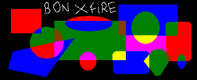 Childlike doodle of shapes reading 'Bon x Fire'