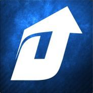 Bold arrow logo on a blue textured background