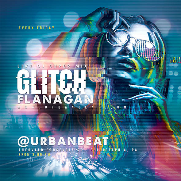 Glitch-art DJ flyer, vibrant nostalgic party poster vibes