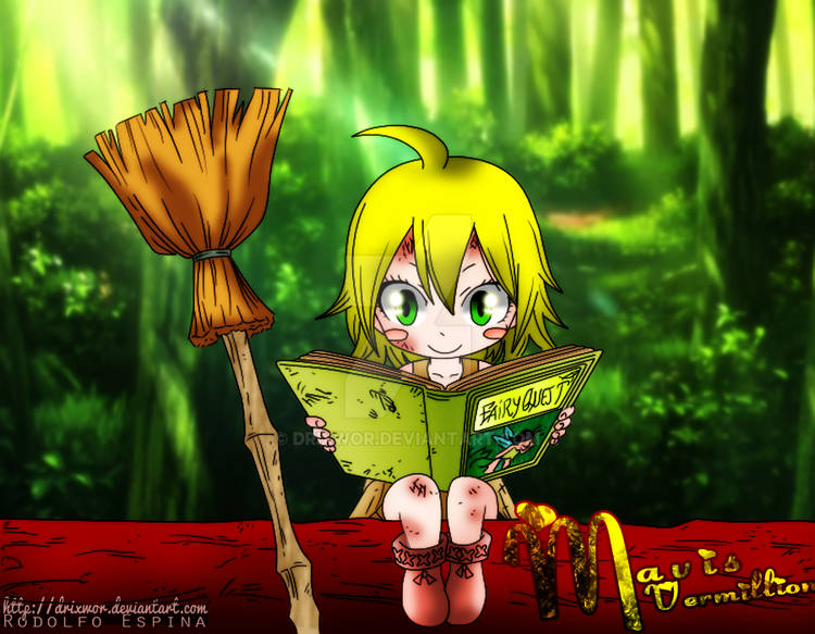 Chibi fairy reading in an enchanted forest