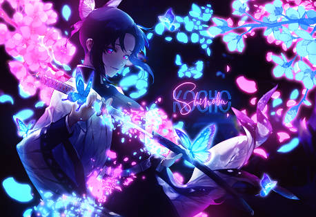 Glowing anime swordsman amid neon cherry blossoms and butterflies
