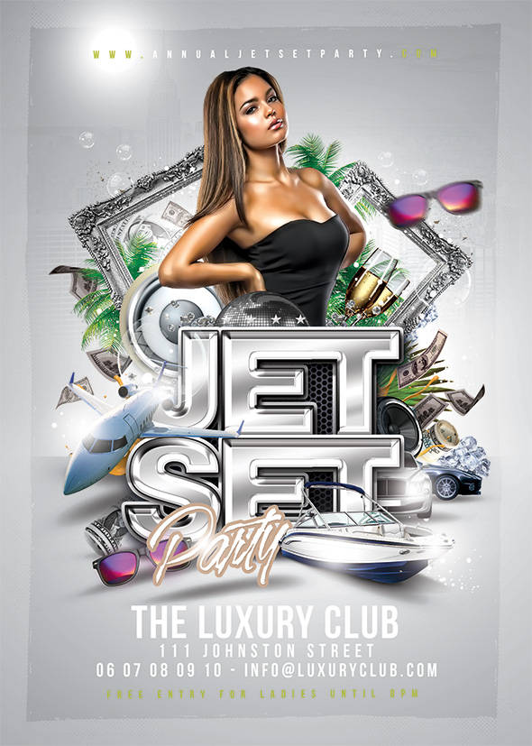 Flashy jet-set party flyer with luxury nightlife vibes