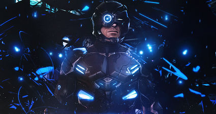 Futuristic armored figure glowing amid electric blue shards