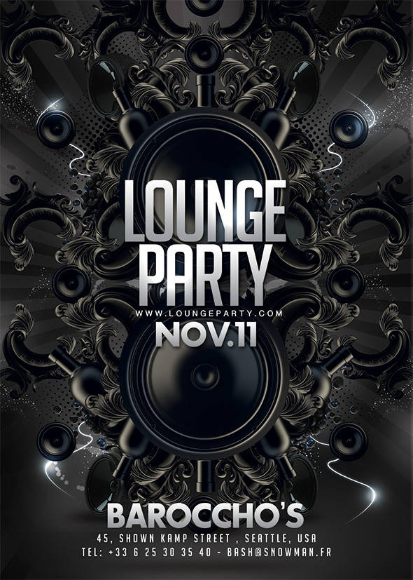 Sleek dark lounge party flyer with baroque speaker design