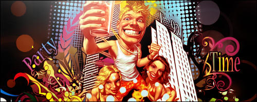 Rowdy party-time GFX banner with cityscape and beer toast