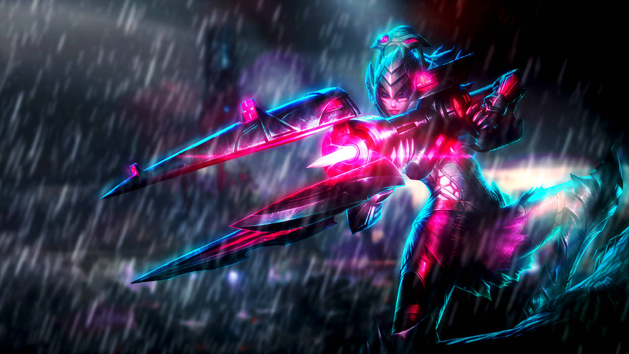 Neon warrior striking a pose in the rain
