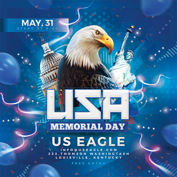 Patriotic Memorial Day flyer with eagle and landmarks