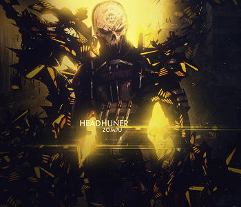Skull-masked headhunter emerges from shattered digital fragments