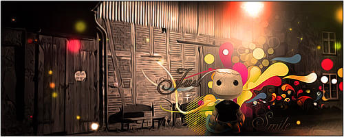 Whimsical character GFX with colorful splash and rustic backdrop