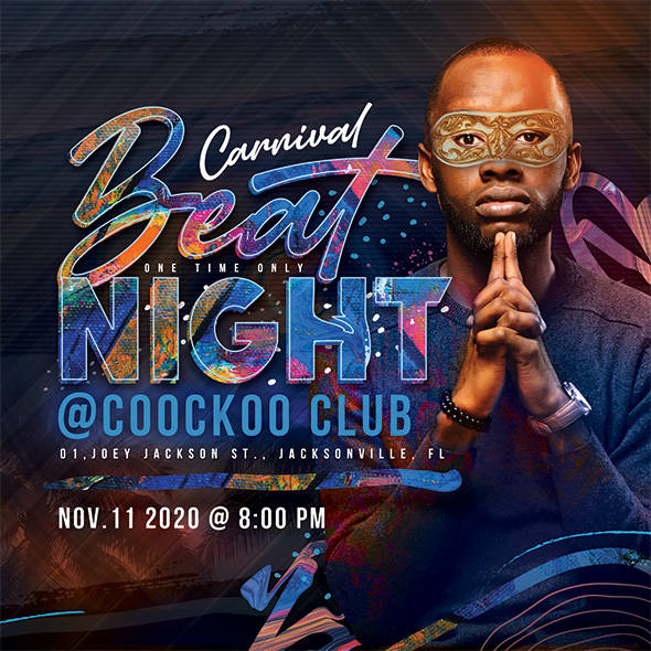 Masked man party flyer for Carnival Beat Night
