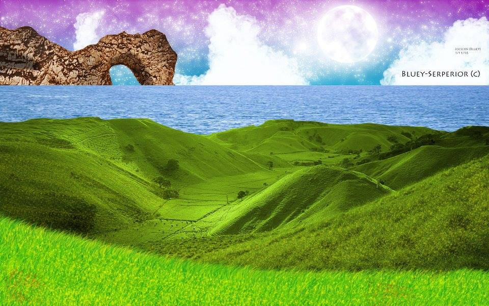 Fantasy landscape GFX with moon, arch, and green hills