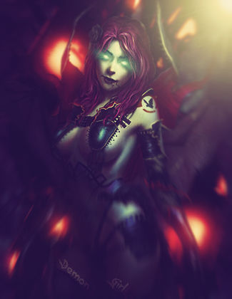 Demon girl GFX art with glowing green eyes
