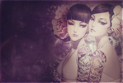 Two tattooed anime-style women in a moody purple digital art piece