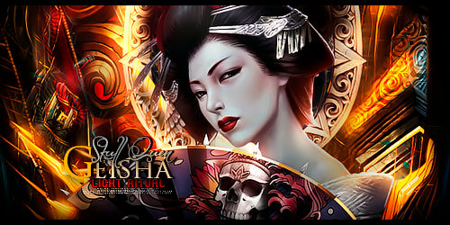 Geisha-themed forum signature with skull and gold accents