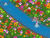 Pixelated flower garden with winding river scene
