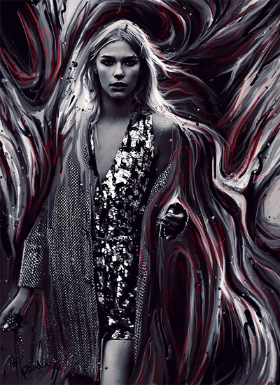 Striking swirling monochrome-red digital art with model