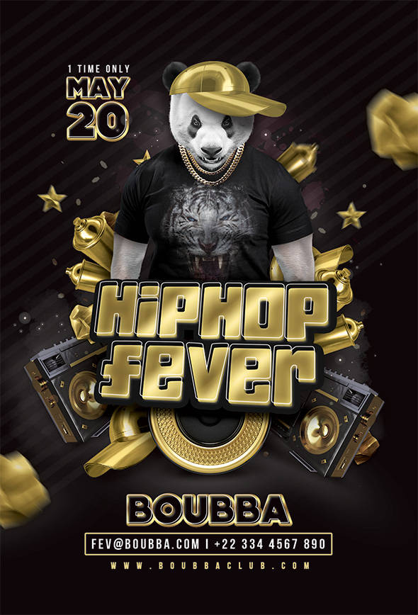 Panda-headed rapper hip hop fever event flyer art