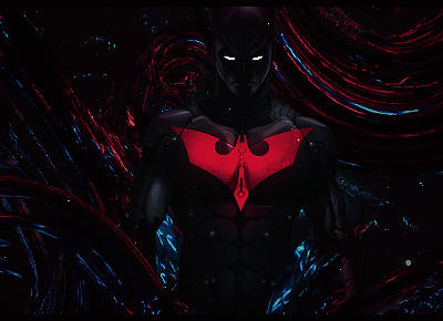 Batman Beyond glowing red emblem in dark digital art