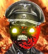 Zombie soldier avatar with glowing eyes and fire background