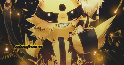 Electric Pikachu-style fan art tag with glowing gold sparks