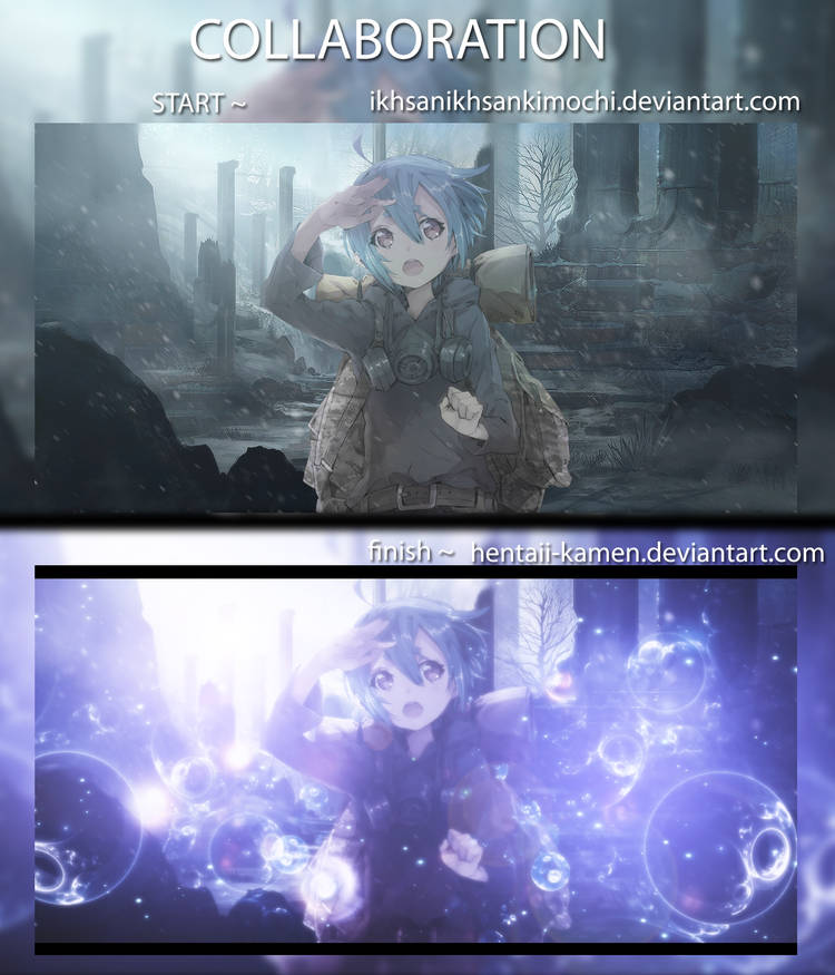 Anime collab art: gritty start, glowing bubble finish