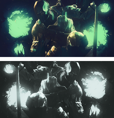 Shadowy armored figures amid shattered glass, split-tone edit