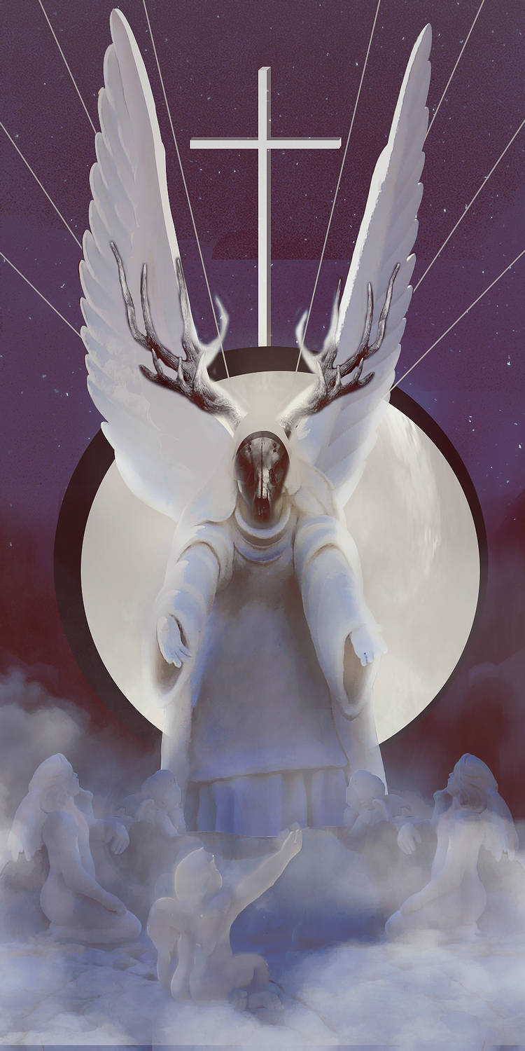 Angelic deer-skull figure with cross and wings, ethereal digital art