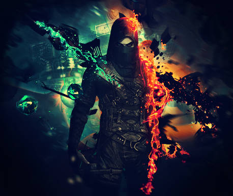Hooded warrior engulfed in fire and teal energy