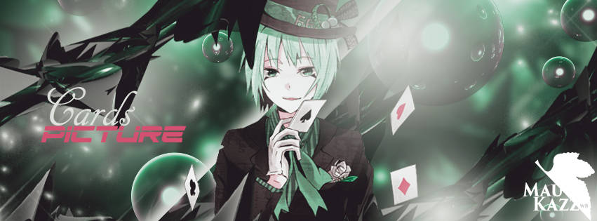 Mysterious anime card-master GFX signature with green tones
