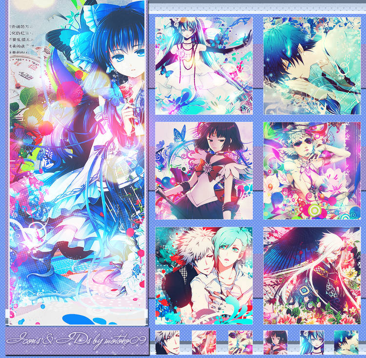 Colorful anime GFX collage with icons and IDs