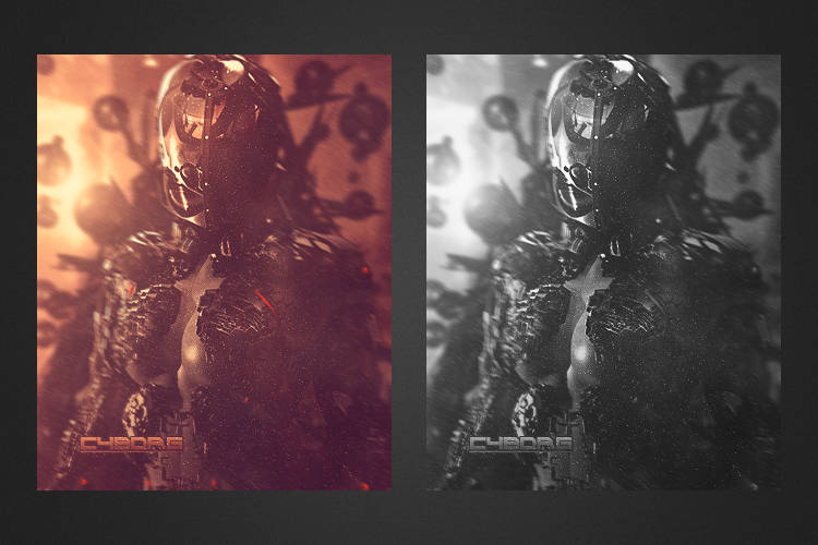 Cybernetic warrior GFX, color and grayscale side-by-side
