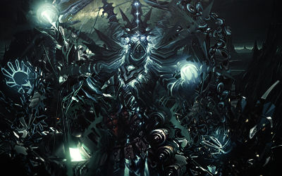 Dark fantasy demon king emerges from glowing forest ruins