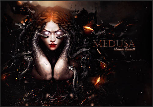 Medusa GFX art with stone-cold gaze and fiery embers