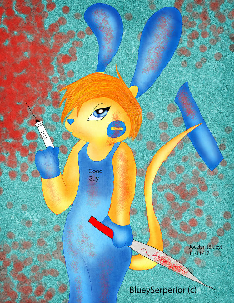 Bunny character with syringe and bloody knife, digital art