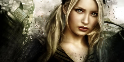 Blonde woman digital art over gritty cityscape backdrop