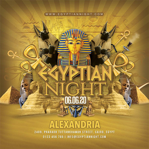 Egyptian Night party flyer with pharaoh and Anubis art