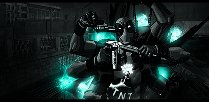 Deadpool GFX art with glowing teal effects and TNT