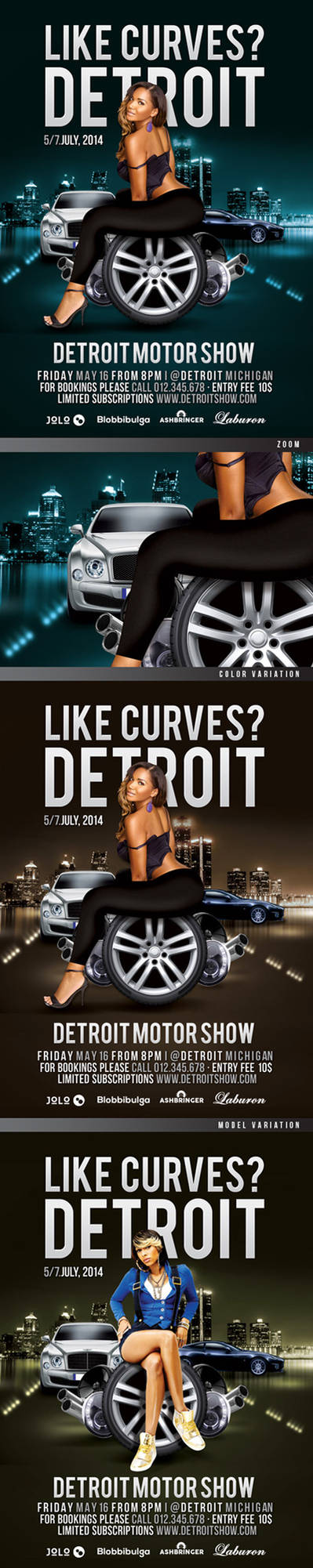 Detroit Motor Show flyer design with model on wheel