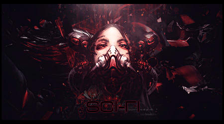 Dark sci-fi gas mask GFX signature with red tones