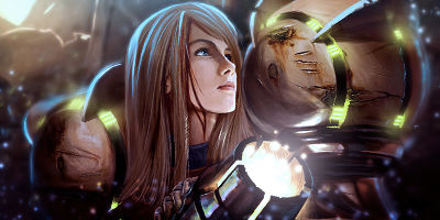 Samus-inspired digital art with glowing visor light
