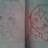 Hand-drawn anime-style character sketches in a notebook