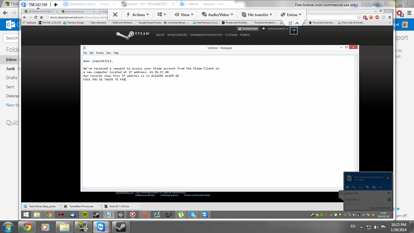 Fake Steam phishing email screenshot with crude insult
