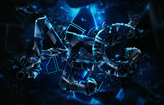 Neon blue abstract 3D typographic sculpture piece